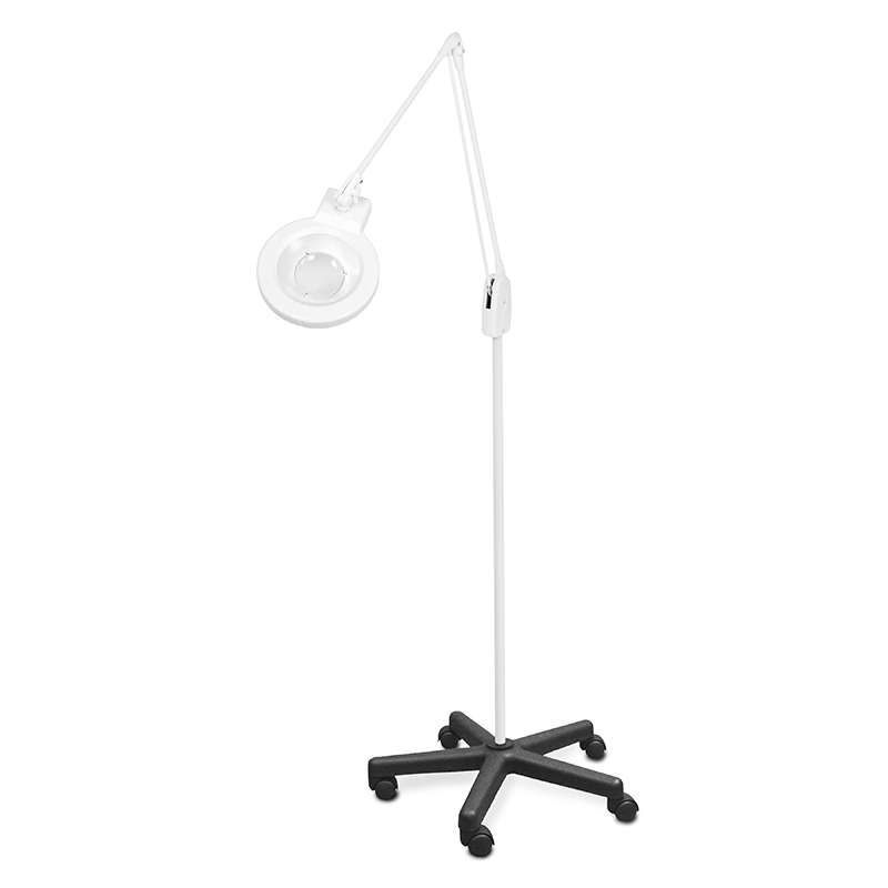 LED Circline Magnifier, 11-Diopter, 5-Caster Rolling Floor Stand, 43" Classic Arm Style, White