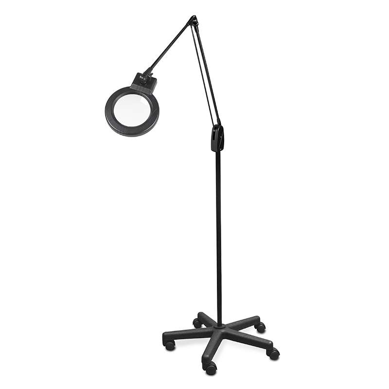 LED Circline Magnifier, 5-Diopter, 5-Caster Rolling Floor Stand, 43" Classic Arm Style, Black