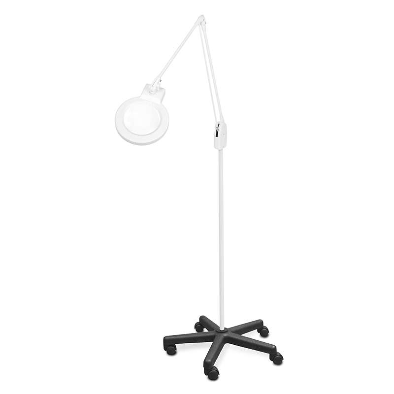 LED Circline Magnifier, 5-Diopter, 5-Caster Rolling Floor Stand, 43" Classic Arm Style, White