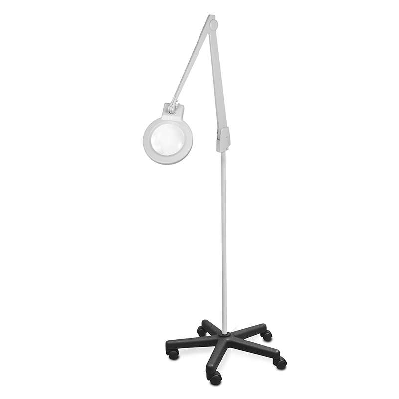 LED Circline Magnifier, 5-Diopter, 5-Caster Rolling Floor Stand, 42" Contemporary Arm Style, Dove Grey