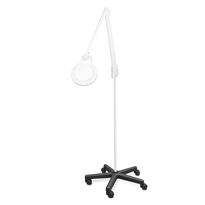 LED Circline Magnifier, 5-Diopter, 5-Caster Rolling Floor Stand, 42" Contemporary Arm Style, White