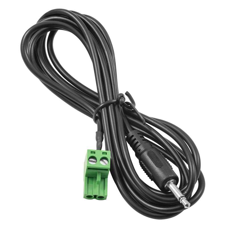 coiled black cord with green plug