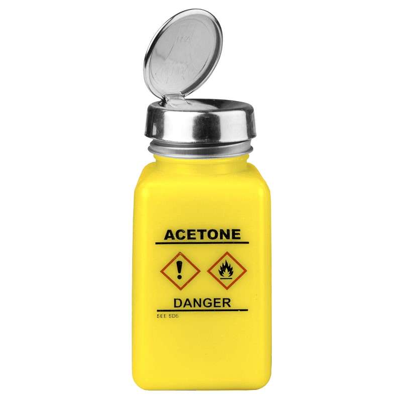 DurAstatic® Dissipative HDPE Yellow Square Bottle, with One-Touch Pump, GHS Label, with "Acetone", 6oz/Bottle