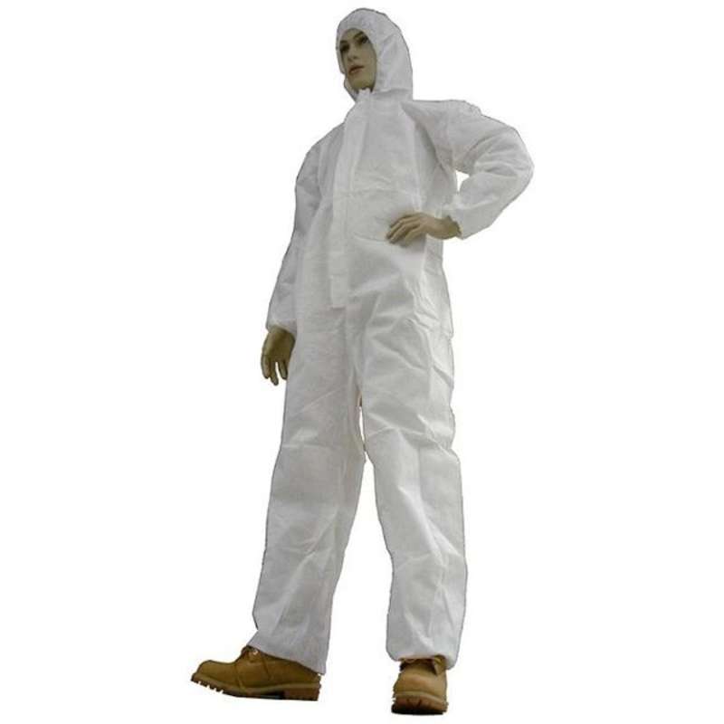 Disposable Polypropylene Coveralls with Hood, Elastic Wrist, Ankles, and Waist, White, Large, 25 per Case