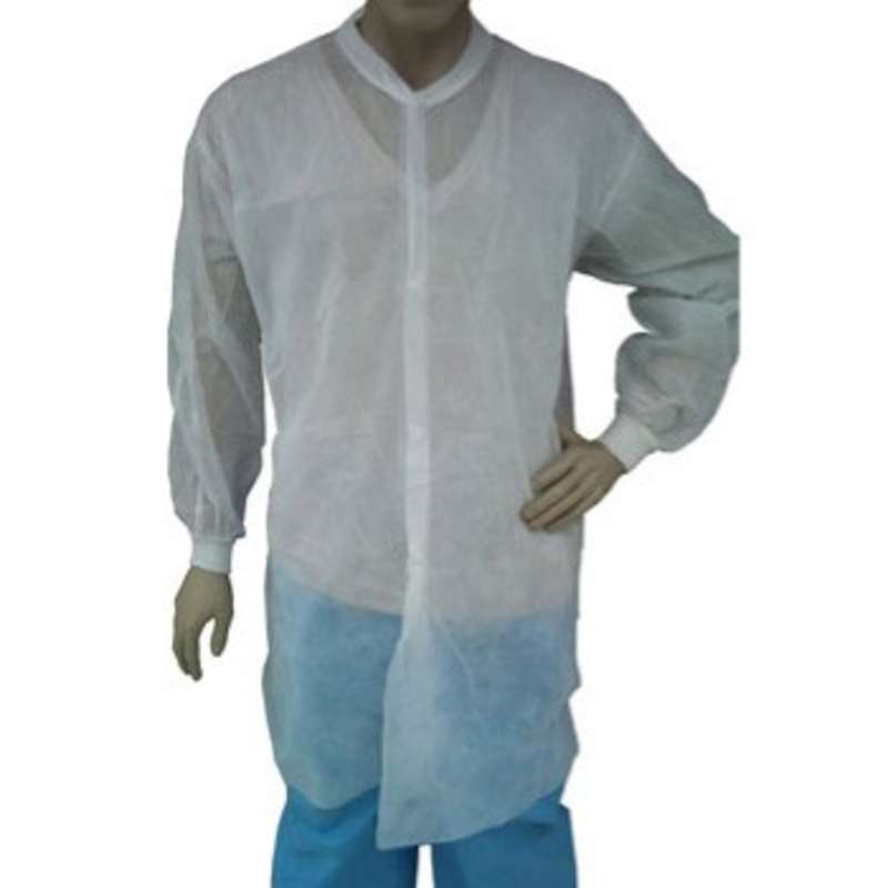 Disposable Polypropylene Lab Coat with Snap Front, Knit Wrists and Collar, White, 2X-Large, 50 per Case