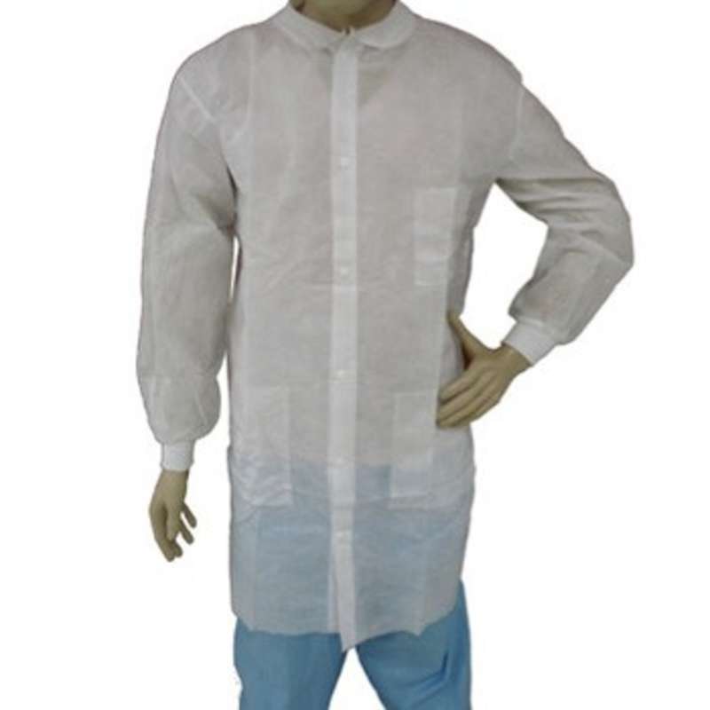 Disposable Polypropylene Lab Coat with Snap Front, Knit Wrists and Collar, and 3 Pockets, White, Large, 50 per Case