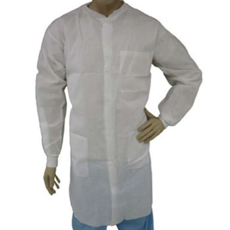 Cleanroom Disposable Polypropylene SMS Lab Coat with Snap Front, Knit Wrists and Collar, and 3 Pocke