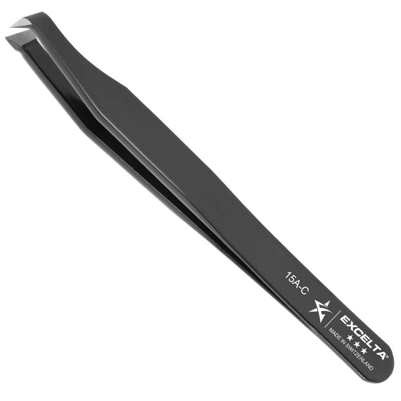 Style 15A-C Swiss Tweezer with Angulated Head and Sharp Points, Black, 4-1/2
