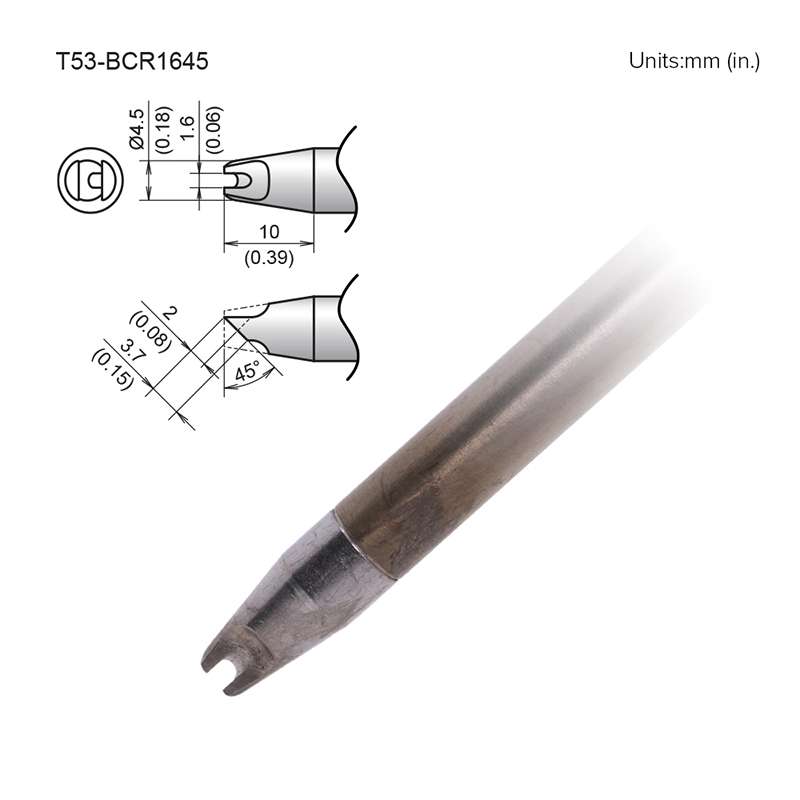 T53 Series Soldering Tip, Slot, 1.6mm x 10mm, 45 Degree, for FX-9707/9708 Heavy Duty Handpiece