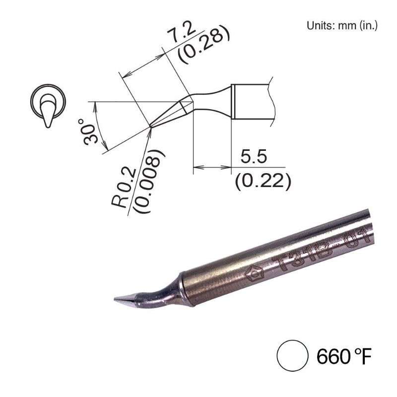 T31B Series Bent Tip for Hakko FX-1001 Handpiece, R0.2mm/30° x 7.2mm x 5.5mm