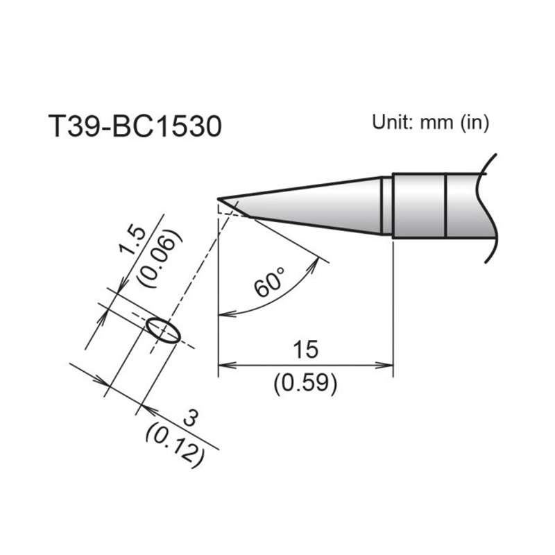 T39 Series Soldering Tip, Bevel, 1.5mm/60 Degree x 15mm, FX-9701/9702