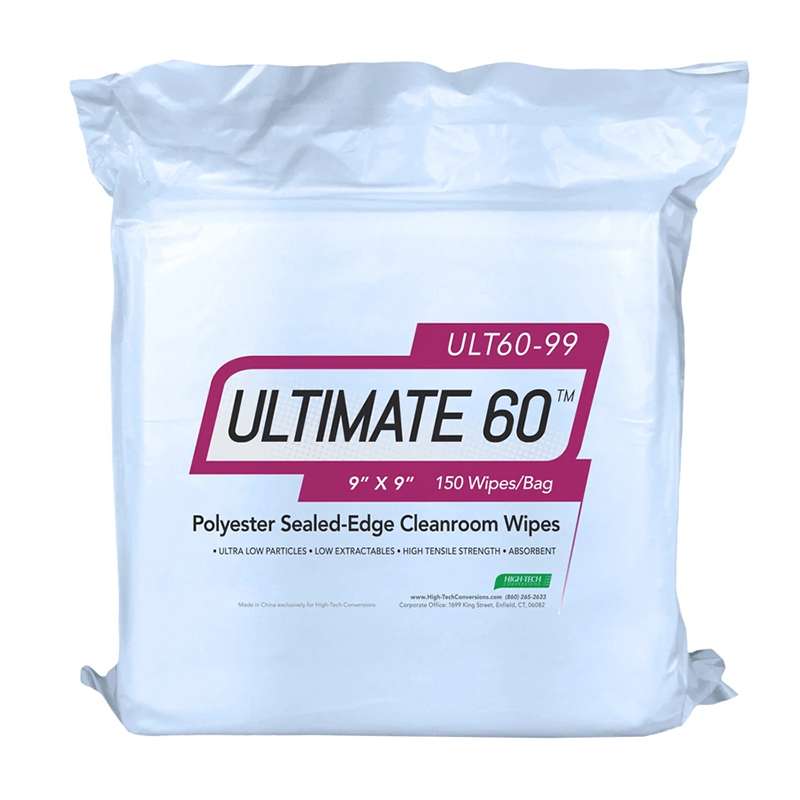 ULTIMATE 60™ Polyester Knit Cleanroom Wipes, Sealed-Edges, Standard Weight (115 gsm), Laundered, 9" x 9", 150 Wipes per Bag, 10 Bags per Case