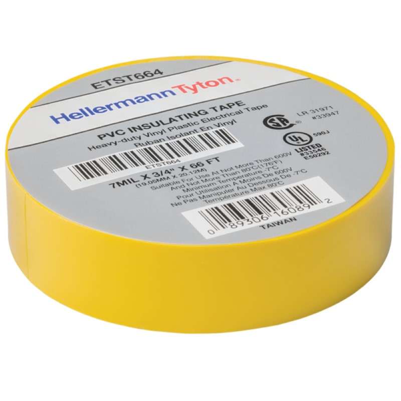 Electrical Tape, 0.75" x 66' Roll, 7.0 Mil Thick, PVC, Yellow, 10 Rolls/Package