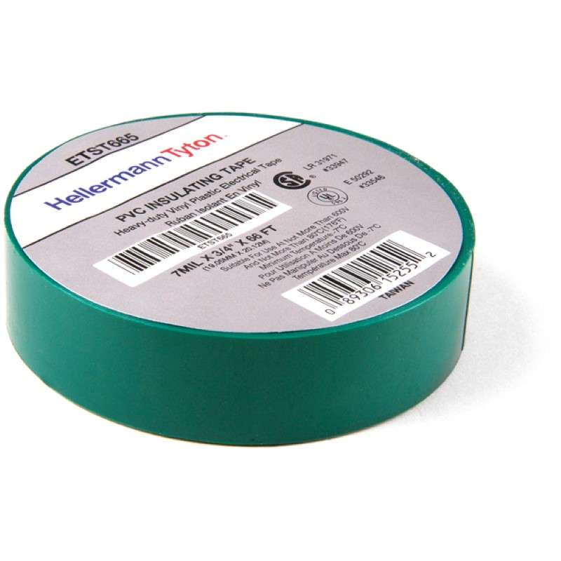 Electrical Tape, 0.75" x 66' Roll, 7.0 Mil Thick, PVC, Green, 10 Rolls/Package