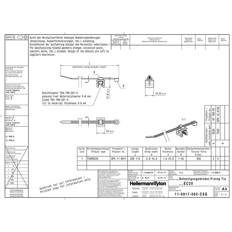 2-Piece Cable Tie & Edge Clip, 8.0"L, EC20, 3 - 6 mm Panel, 50lb, PA66HIRHS/PA66HIRHSUV, Orange and Black, 500 per package