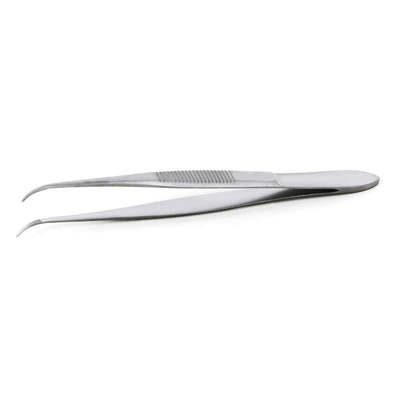 High Precision Tweezers, Curved, Stainless Steel, 3.94" OAL, Serrated Handles