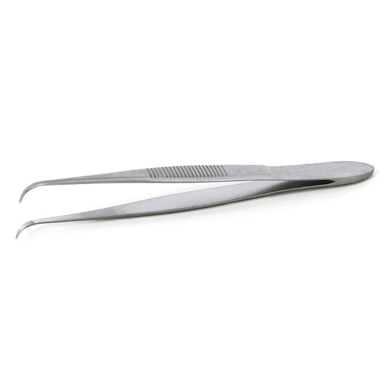 High Precision Tweezers, Bent, Stainless Steel, 3.94" OAL, Serrated Handles