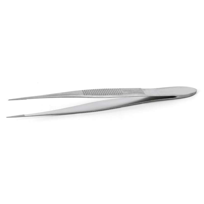 High Precision Tweezers, Straight, Stainless Steel, 3.94" OAL, Serrated Handles