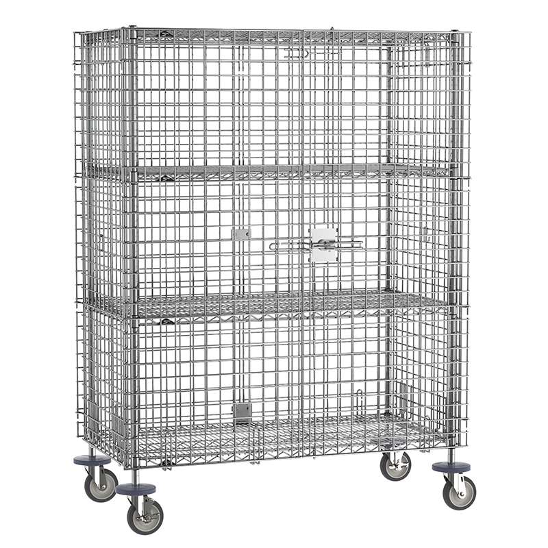 Super Erecta Mobile Security Shelving Unit with 2 Intermediate Shelves, Chrome, 27.25" x 52.75" x 67.9375"