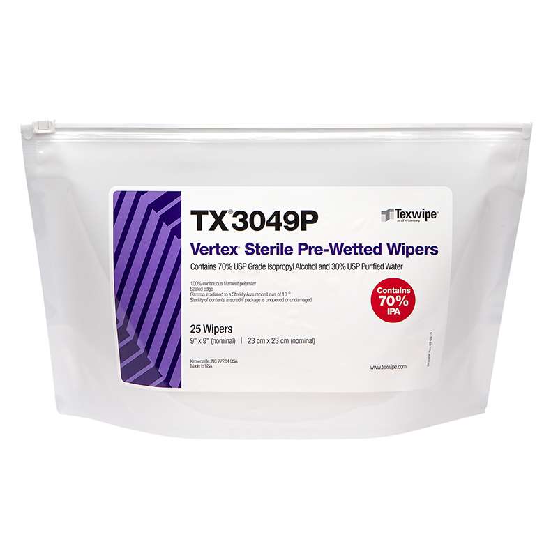 Sterile Vertex® Pre-Wetted Cleanroom Wipers, Sealed Edge, 9" x 9", 25 Wipers per Bag, 125 per Case