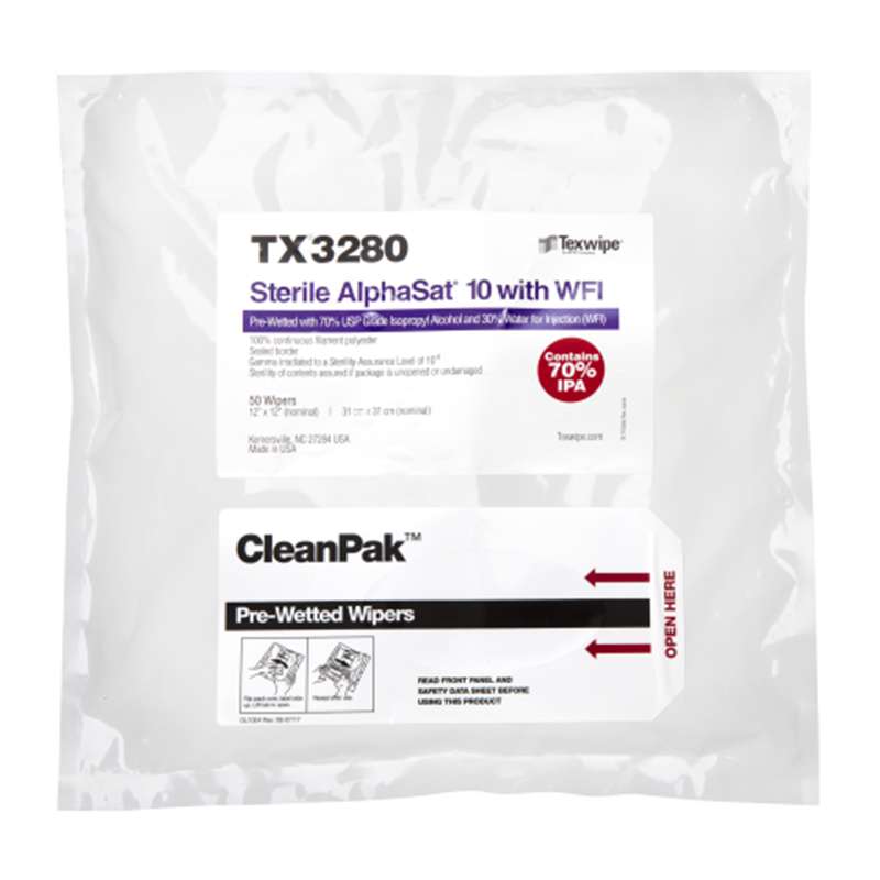 AlphaSat® with Vectra® Alpha® 10  Pre-Wetted Cleanroom Wipers, Sterile, Sealed Border, 12" x 12", 50 Wipers per Flatpack, 250 Wipers per Case