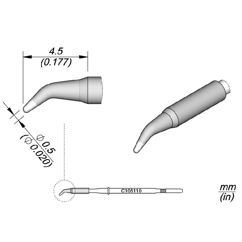 Series C105 Conical Bent Soldering Cartridge, Ø 0.5mm
