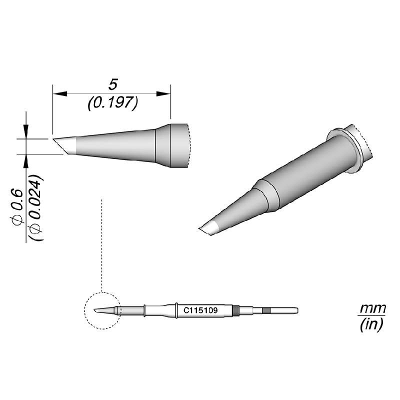 C115 Series Bevel Soldering Tip Cartridge, 0.6mm