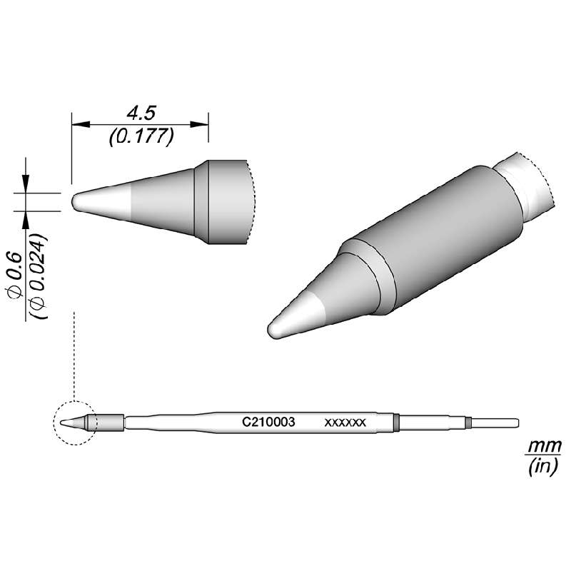 C210 Series Conical Soldering Cartridge, 0.6 x 4.5mm