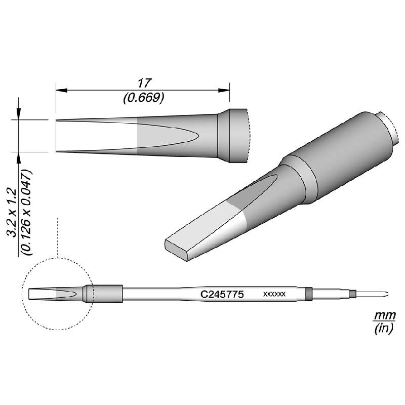 Series C245 Chisel Soldering Cartridge, 3.2mm x 1.2mm