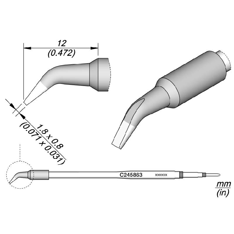 Series C245 Chisel Bent Soldering Cartridge, 1.8mm x 0.8mm, L