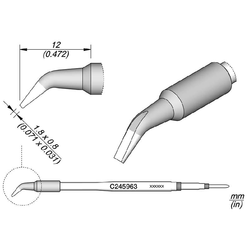 Series C245 Chisel Bent Soldering Cartridge, 1.8mm x 0.8mm