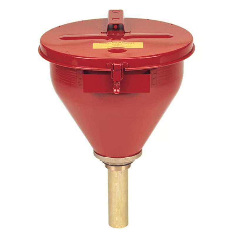 Large Steel Drum Funnel for Flammables w/6" Flame Arrester & Self-Closing Cover for 2" Drum Bung