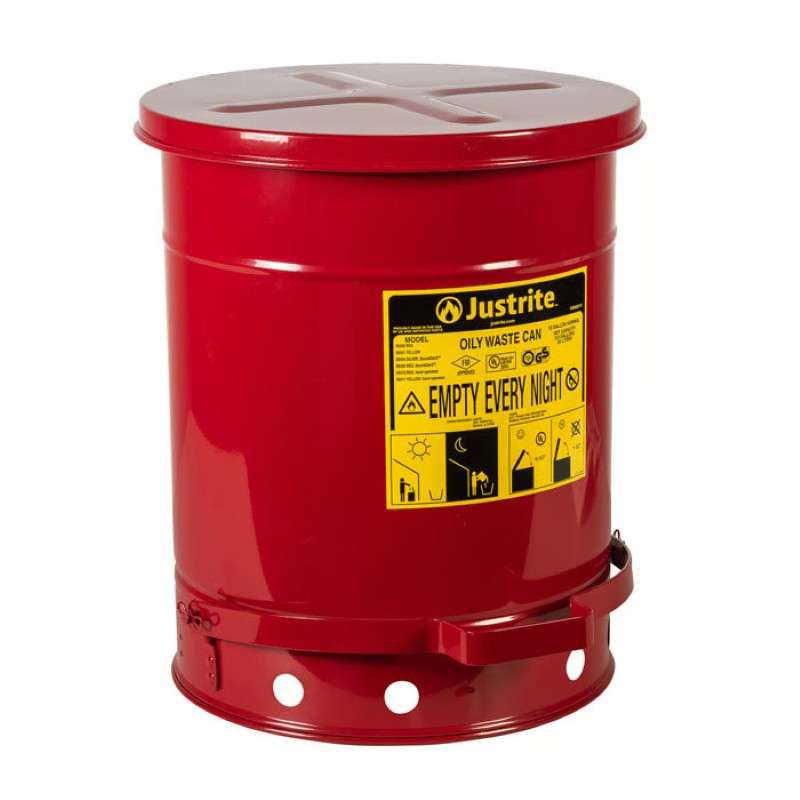 Oily Waste Can, Foot-Operated Self-Closing Cover, Red, 10 Gallon