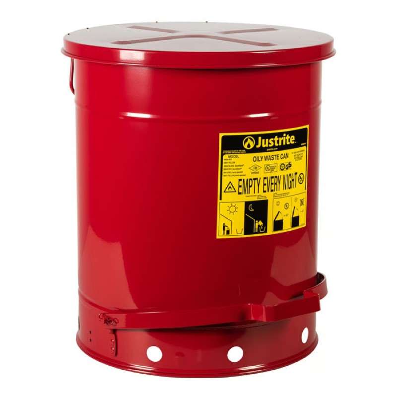 Oily Waste Can, Foot-Operated Self-Closing Cover, Red, 14 Gallon