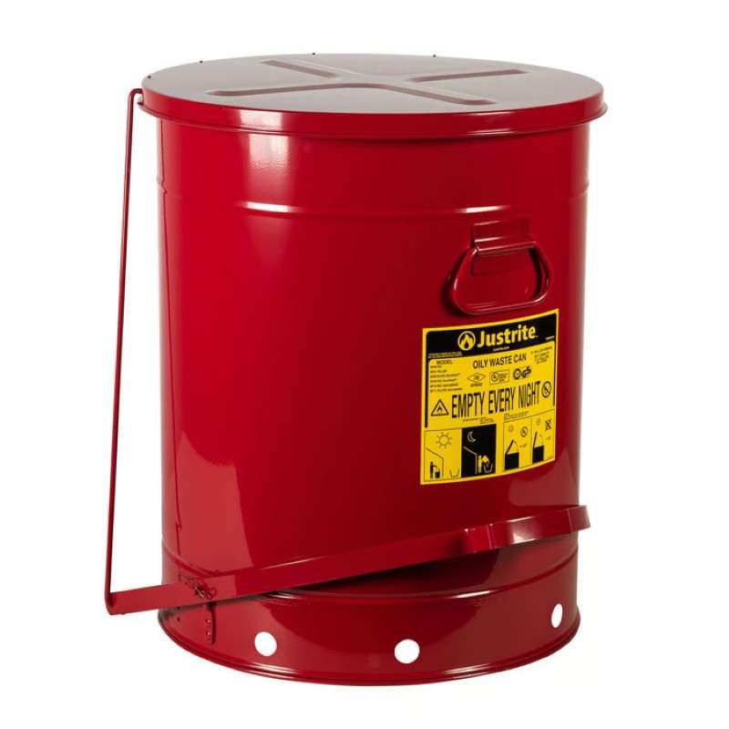 Oily Waste Can, Foot-Operated Self-Closing Cover, Red, 21 Gallon