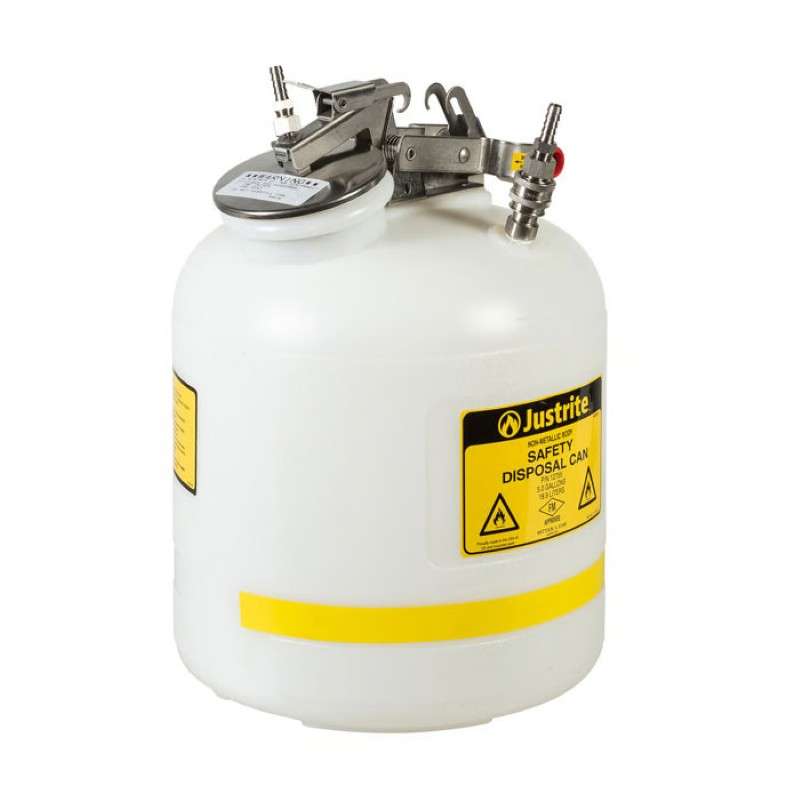 Quick-Disconnect Disposal Safety Can, Stainless Steel Fittings for 3/8" Tubing, 5 Gallon, Poly, White