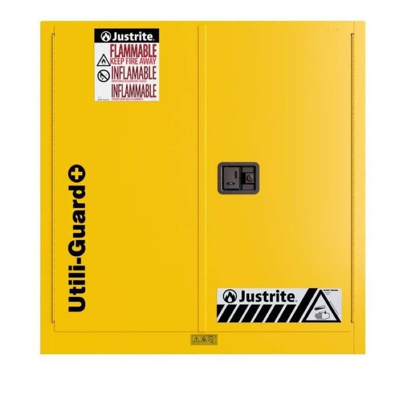 Utili-Guard+ Flammable Safety Cabinet, 30-Gallon, Self-Close, 18 Ga CR Steel, Attachements Included: Doors 2, 1 Aerosol, 1 Spray Bottle, Yellow Trim