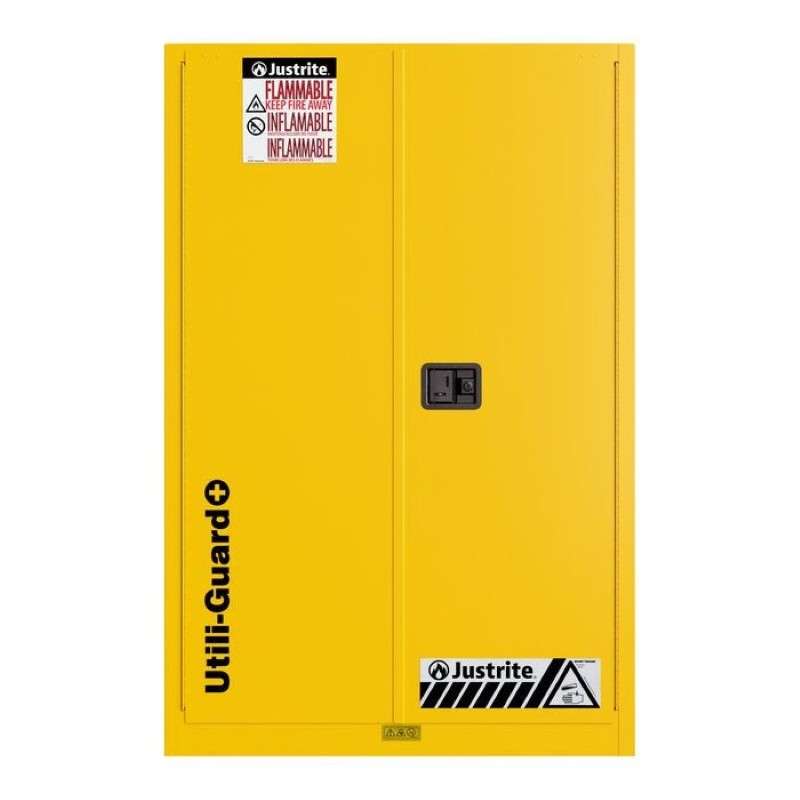 Utili-Guard+ Flammable Safety Cabinet, 45-Gallon, Self-Close, 18 Ga CR Steel, Attachements Included: Doors 2, 1 Aerosol, 1 Spray Bottle, Yellow Trim