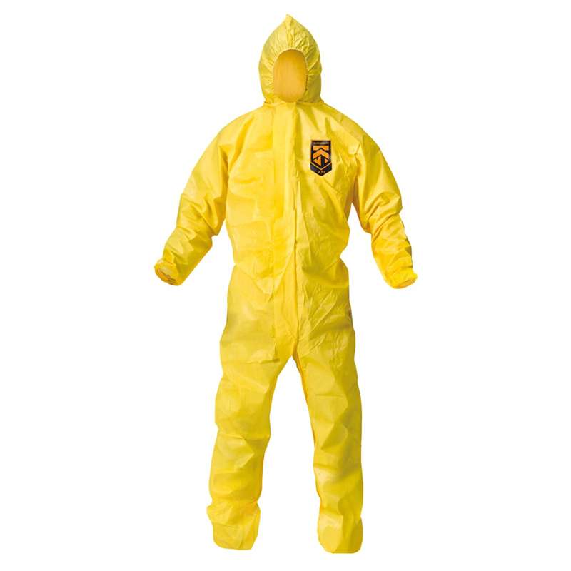 KleenGuard A70 Chemical Spray Protection Coverall, with Zipper, Elastics, Hood, Yellow, Large, 12 per Case