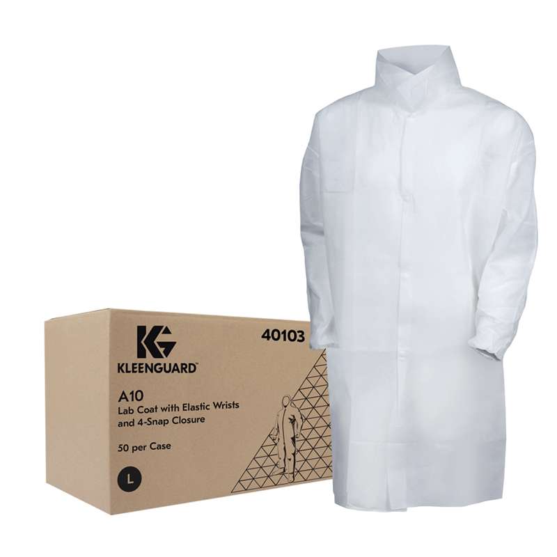 KleenGuard A10 Light Duty Disposable Polypropylene Lab Coat, White, Large, 50 per Case