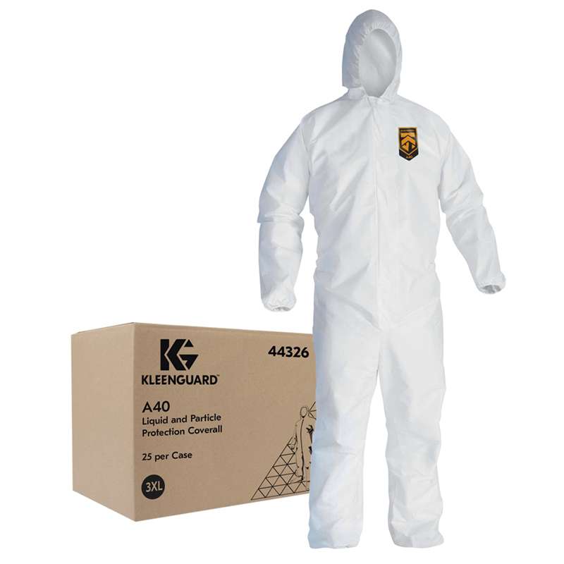 KleenGuard A40 Disposable Hooded Liquid And Particle Protection Coverall, Zipper Front, Microporous Film Laminate, 3XL, White