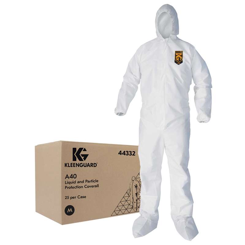 KleenGuard A40 Liquid & Particle Protection  Coveralls, Hooded & Booted, Zip Front, Elastic Wrists & Ankles, White, Medium, 25 per Case