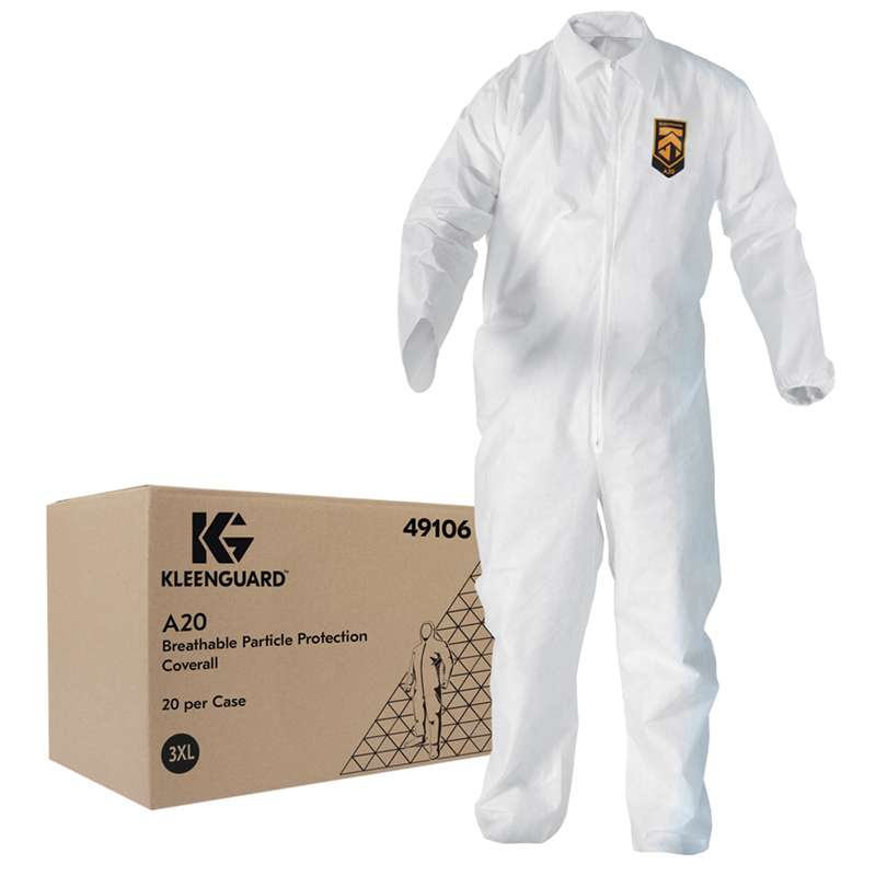 KleenGuard A20 Breathable Particle Protection Disposable Coveralls with Zipper Front, Elastic Cuffs, White, 3XL, 24 per Case