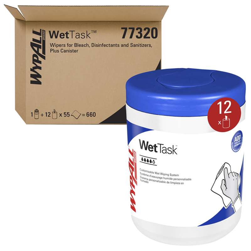 Kimtech WetTask System Prep Wipers with Canister for Bleach, Disinfectants and Sanitizers, 12 Rolls