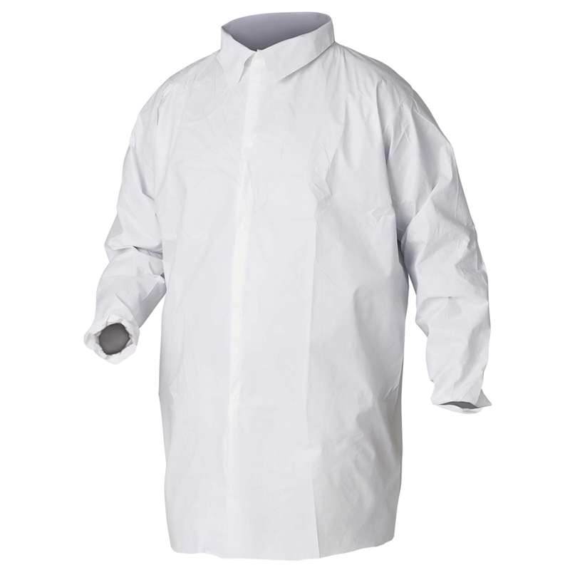 Kleenguard, A20 Breathable Particle Protection Lab Coats, Serges Seams, 4 Hooks and Loop Closure, Elastic Wrists, Knee Length, White, X-Large, 30 per Case