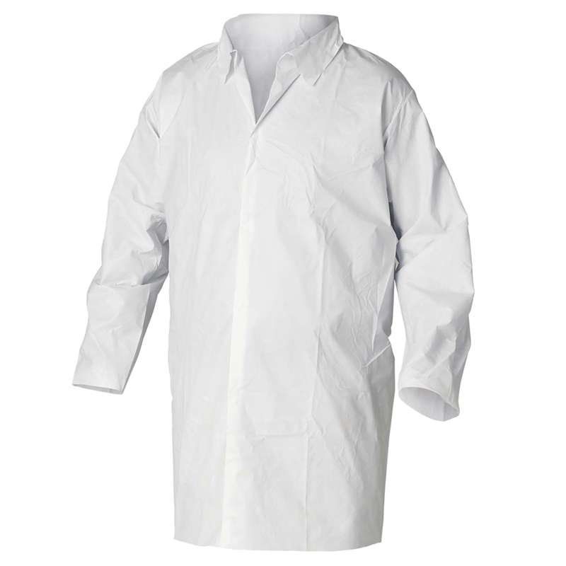 Kleenguard A20 Breathable Particle Protection Frock, Serged Seams, 5-Snap Closure, Elastic Wrists, Below Knee Length, Mandarin Collar, White, Medium, 30 per Case