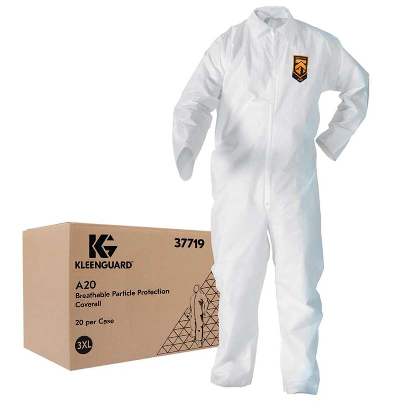 KleenGuard A20 White Breathable Particle Protection Coveralls with Zip Front and Elastic Wrists & Ankles, 3XL, 20 per Case - Vending Ready