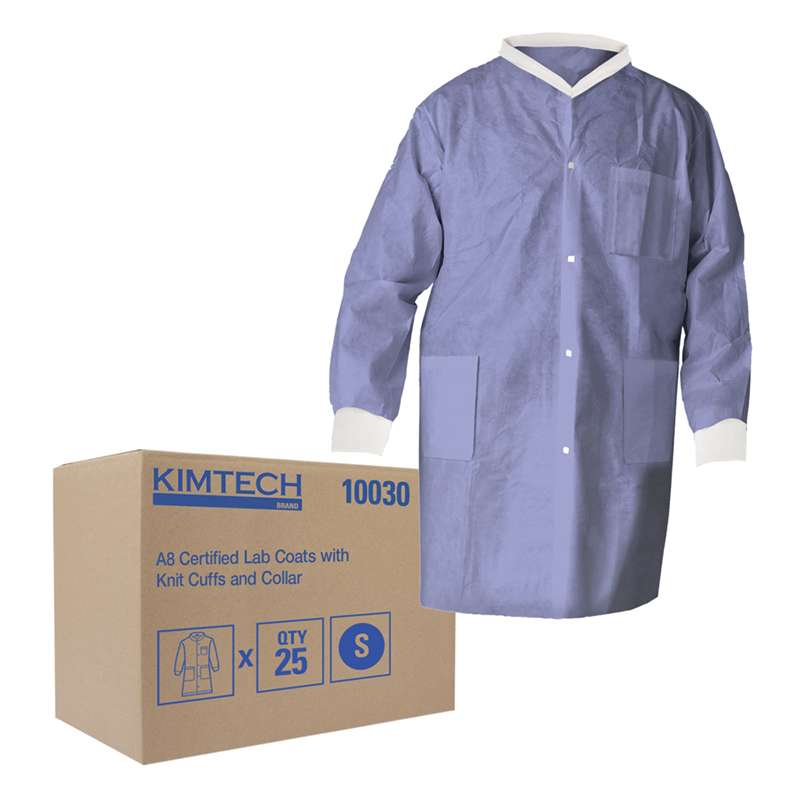 A8 Certified Lab Coats with Knit Collar and Cuffs, Blue, Small, 25 per Case