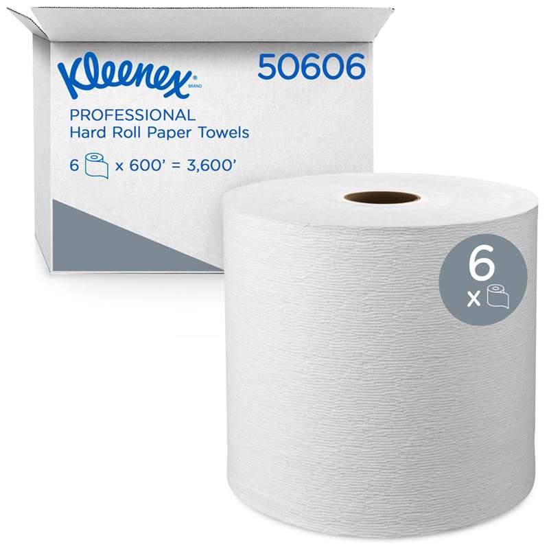 Hard Roll Paper Towels, Kleenex, White, 8.0" x 600', 600 Feet/Roll