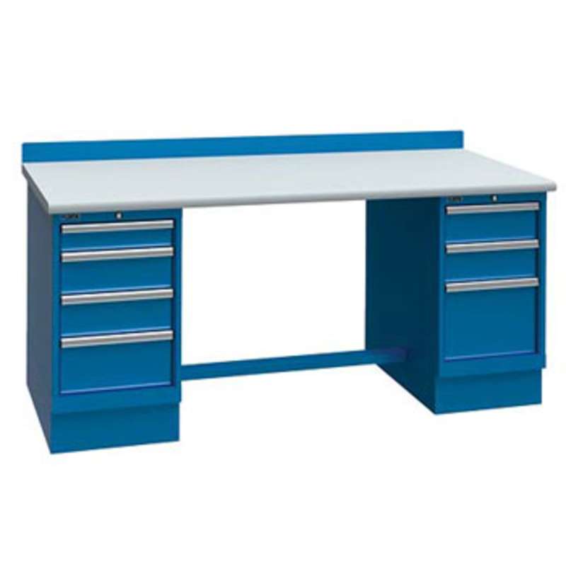 ESD-Safe Workbench with One 4-Drawer and One 3-Drawer Cabinet Pedestal, Bright Blue, 30 x 60"